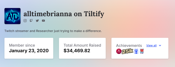 alltimebrianna's Tiltify profile header