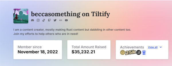 beccasomething's Tiltify profile